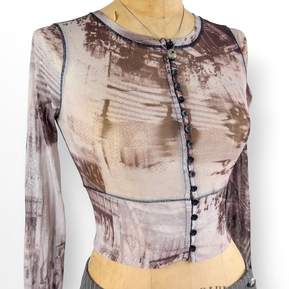 Y2K Mesh Sheer Top Button Up Cropped Slim Fit Grunge Cyber Goth Size XS - Picture 6 of 8